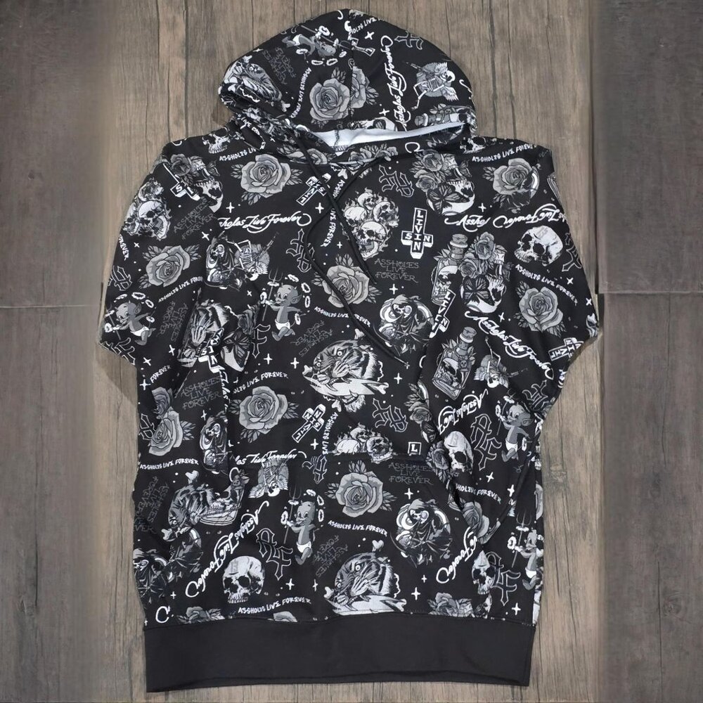 A$$holes Live Forever ✦ Skull & Rose Zip Hoodie ✦ Black Unisex Streetwear Goth S - Picture 3 of 11